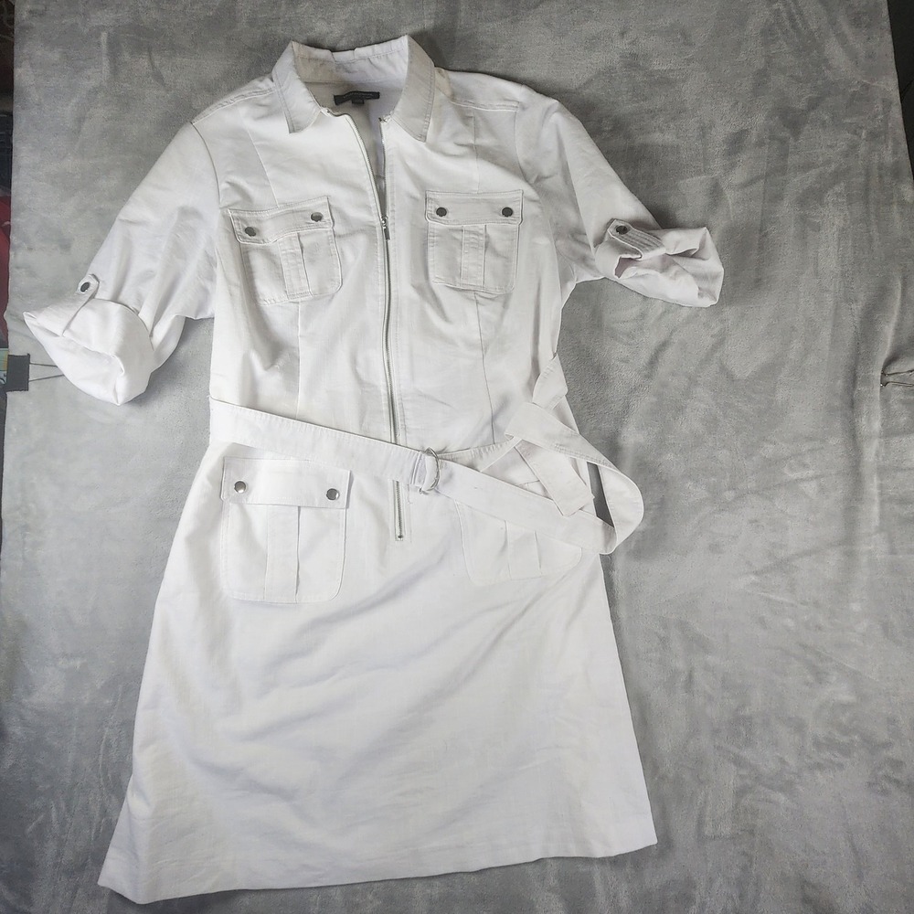 Sharagano Dress Size 22W White Solid Belted Zip Front Shirt Dress Coastal Preppy